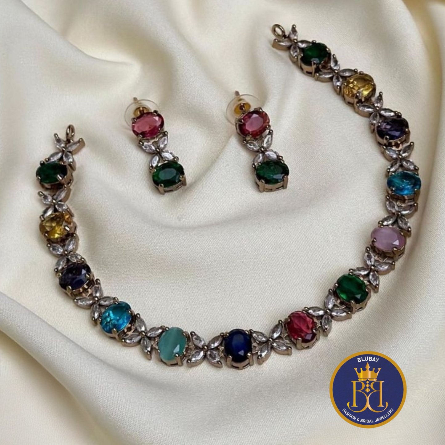 Lady Jane Crystal Navaratna Diamond Necklace set