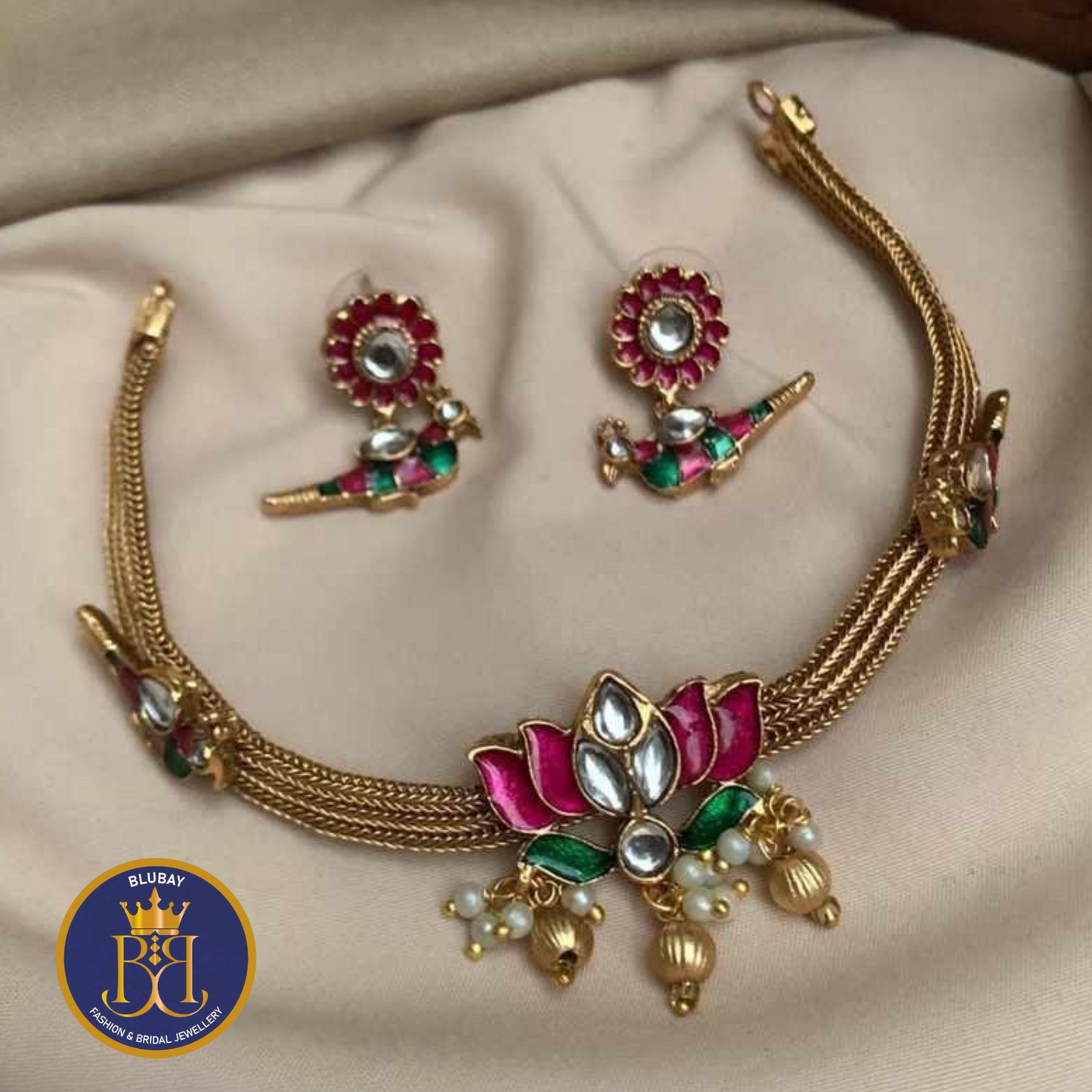 Premium jadau enamelled Lotus and birds attigai Choker Necklace set