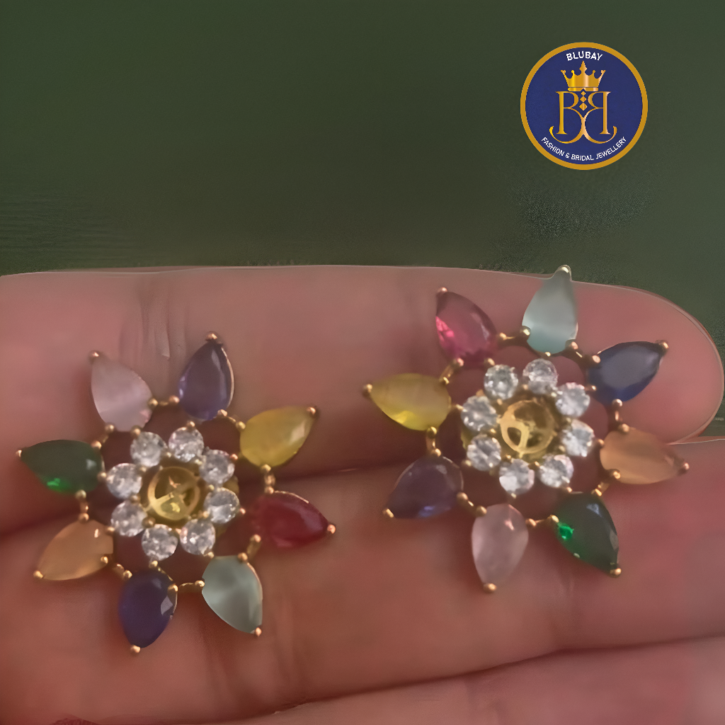 Premium colorful Navaratan Floral AD zirconia Stud earrings