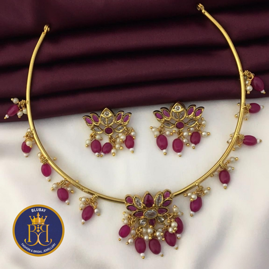 Tourmaline Lotus premium AD and pearl golden Hasli Necklace set