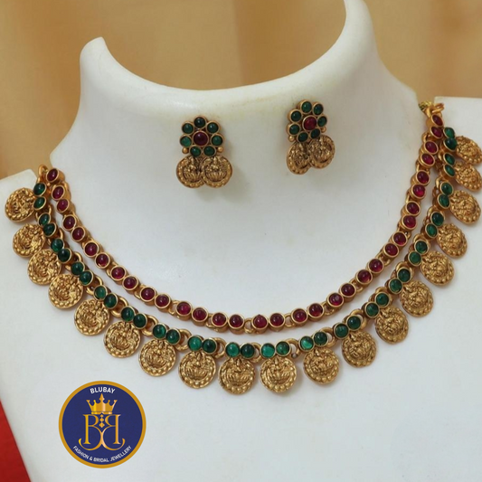 Bilayered chain red and green kemp stone Kasumala coin Necklace set