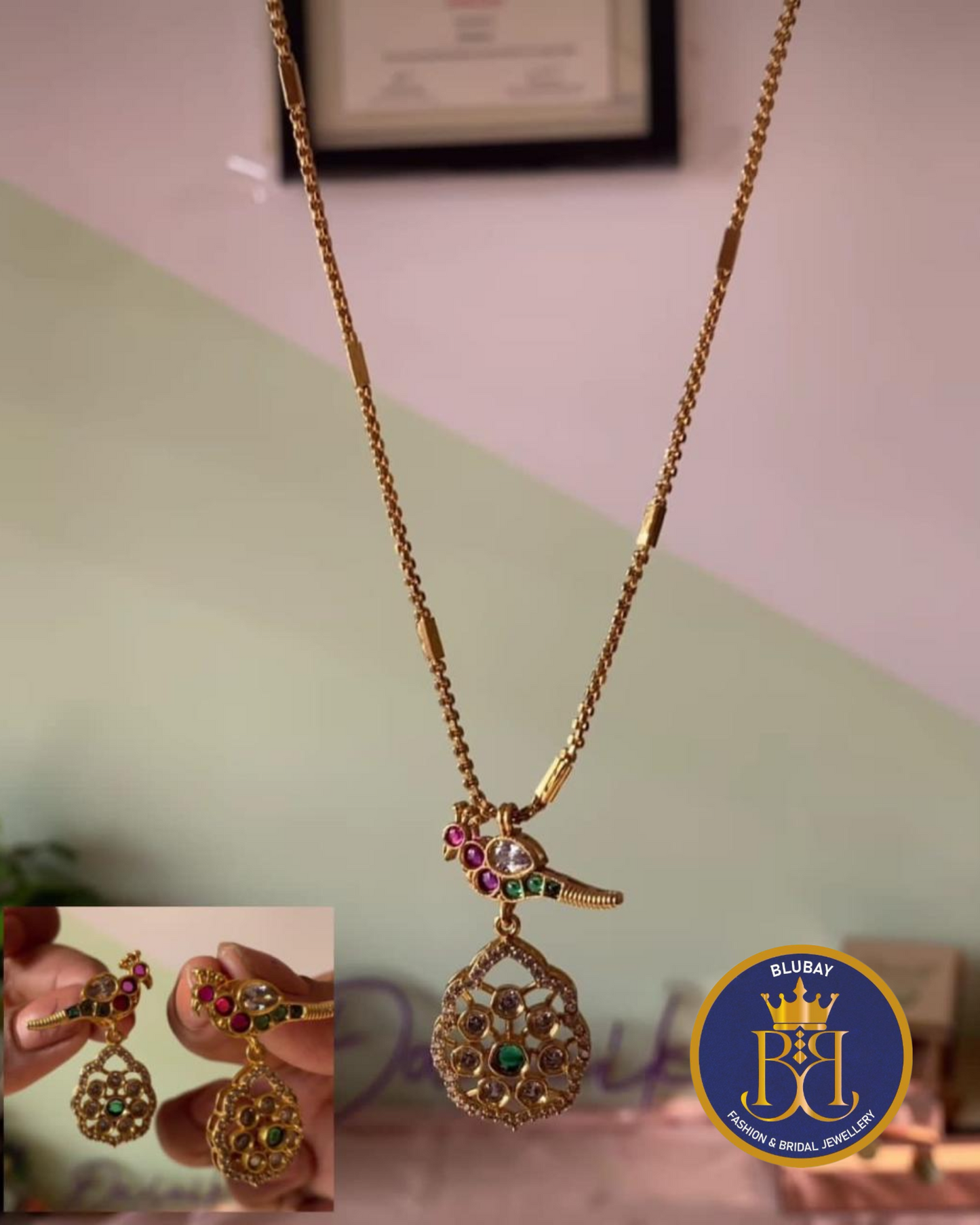 Jadau kundan bird AD golden hanging pendant chain set