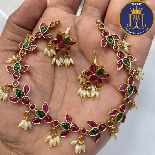 Premium Pink and green jadau lotus Necklace set with rice pearls cluster