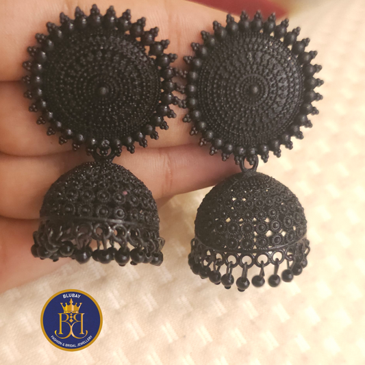 Black statement metal designer jhumkas earrings