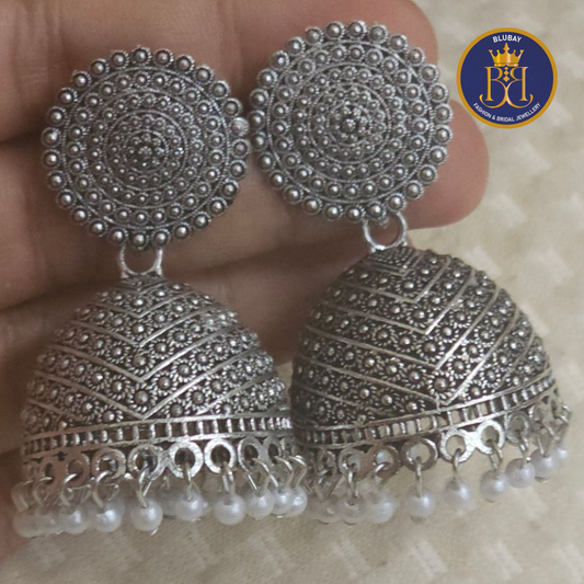 Grand silver oxidised pearly Jhumki earrings