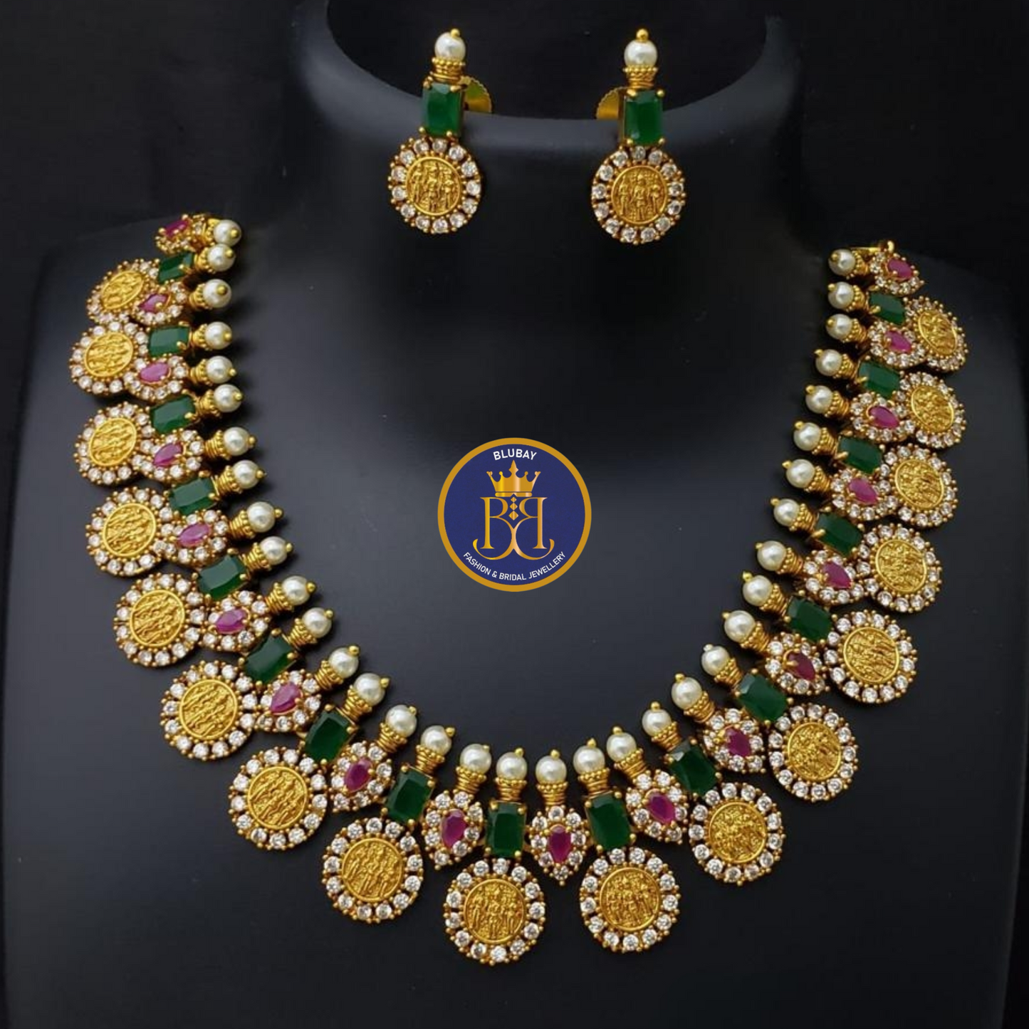 Temple Ramparivar AD ruby emerald studded coin Necklace set