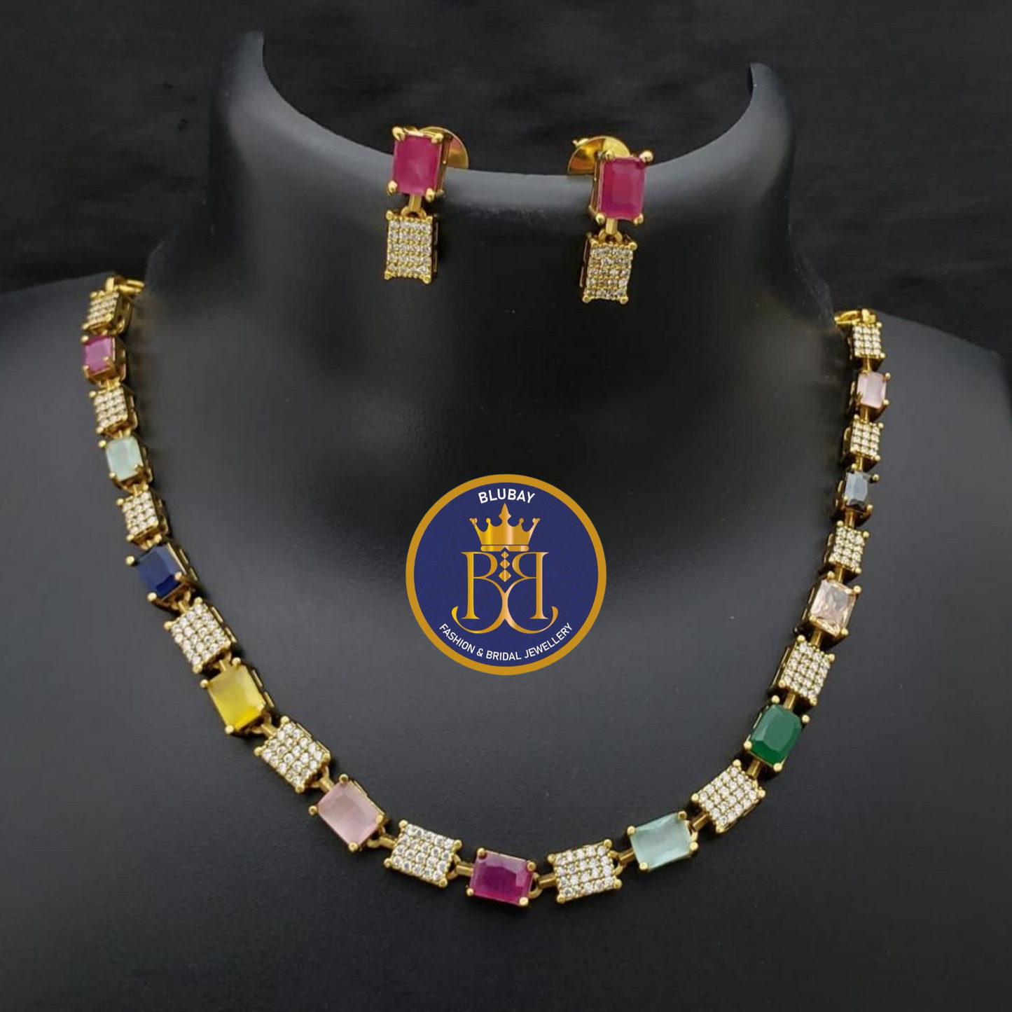 Navaratna American Diamond and multicolored stone studded Necklace set