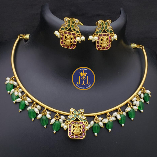 Peacock Nakshi square rice pearl and green beads pipe Hasli gold finish Necklace set