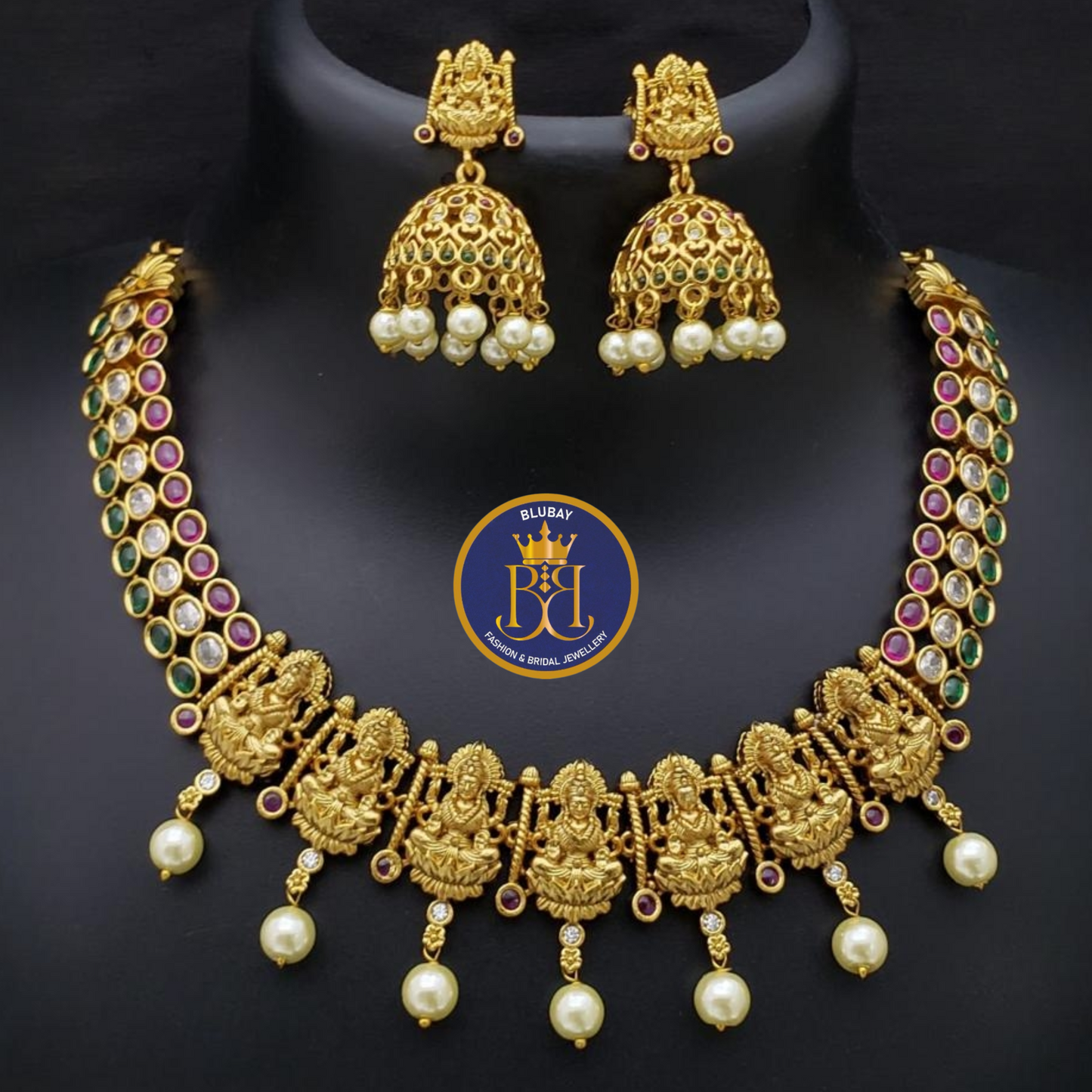 Sapta lakshmi Devi Tricolor AD pearl Bridal Necklace set