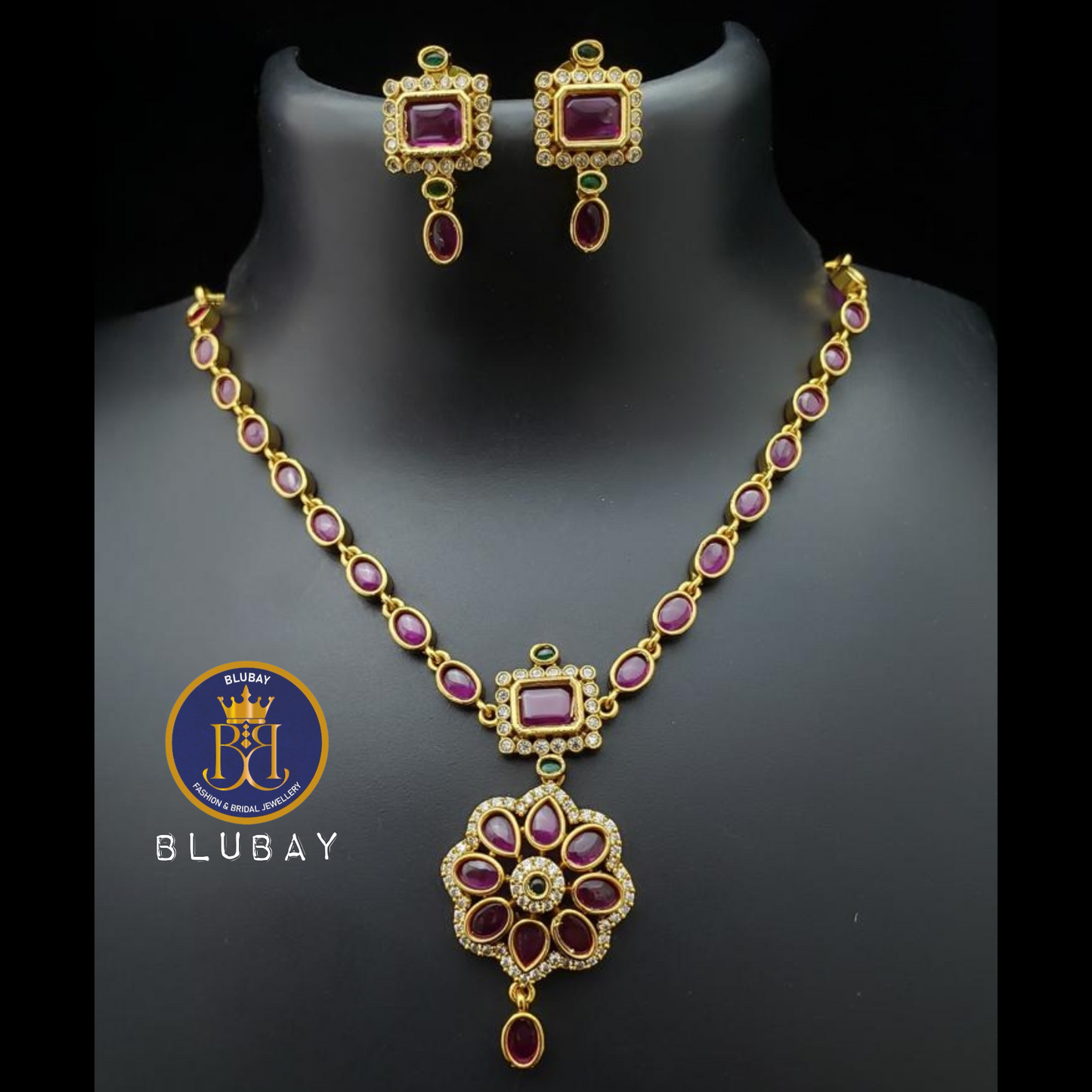 Royal fuschia pink AD stone pendant chain Necklace set