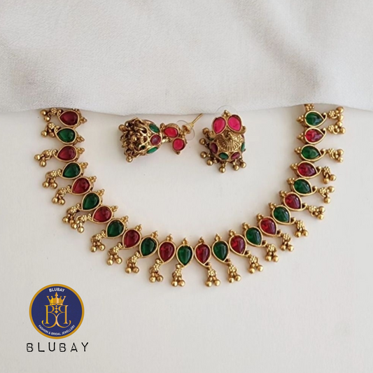 Antique gold polish mixed stone Palakka ghungroo Necklace and Jhumkas set