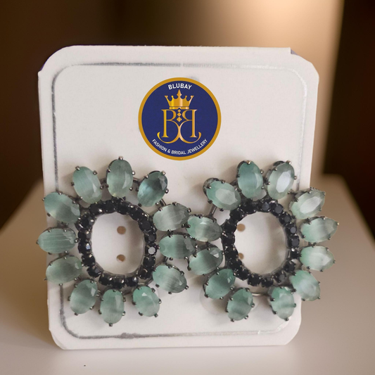 Sea blue green Floral glossy Stone designer Stud earrings