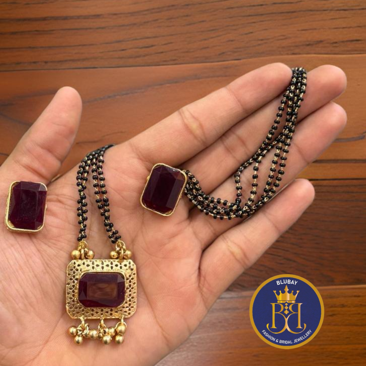 Maroon glossy Stone Squared ghungroo pendant Mangalsutra chain set