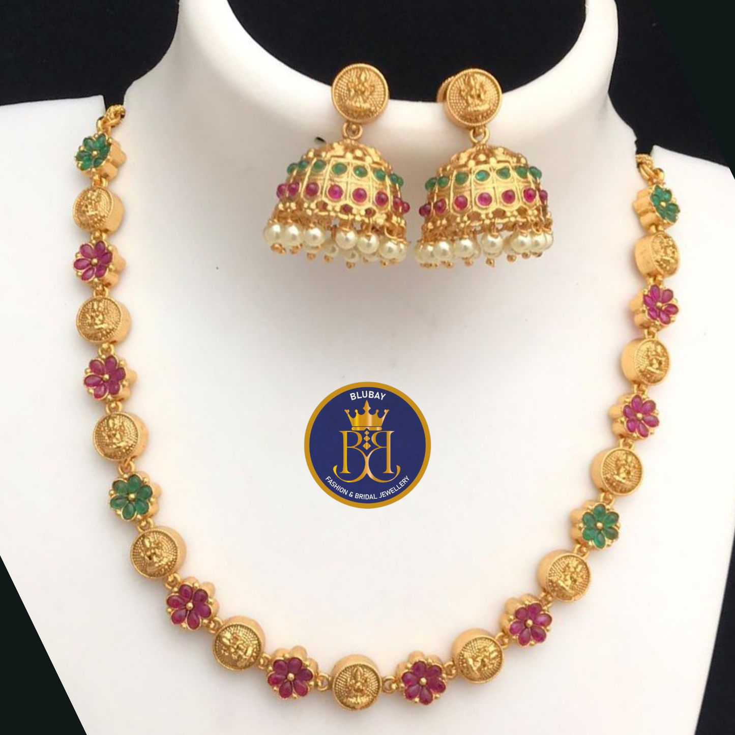 Premium Golden kemp Nakshi Devi Floral haaram Necklace set with Jhumkas