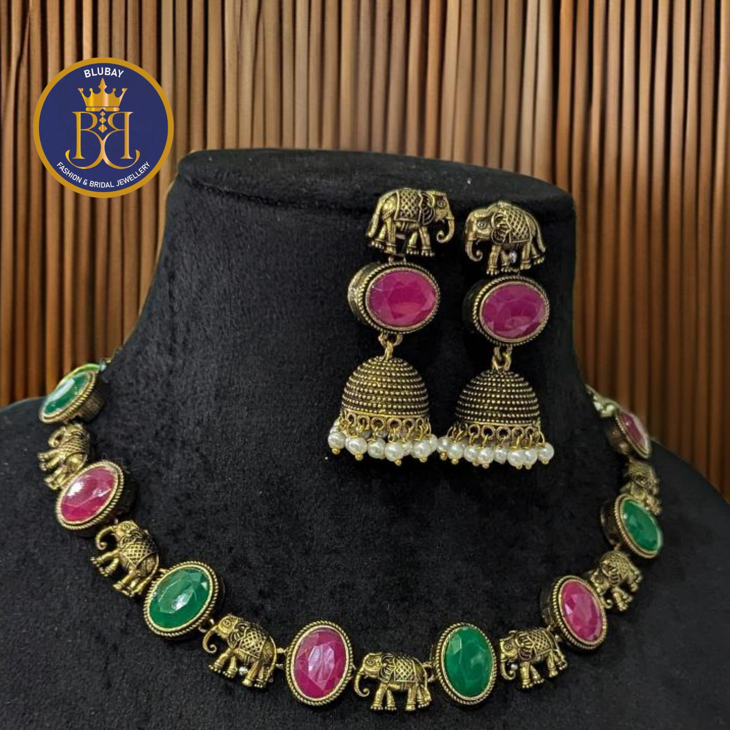 Haathi on Jhumkas premium dual toned Glossy Stone studded Necklace set