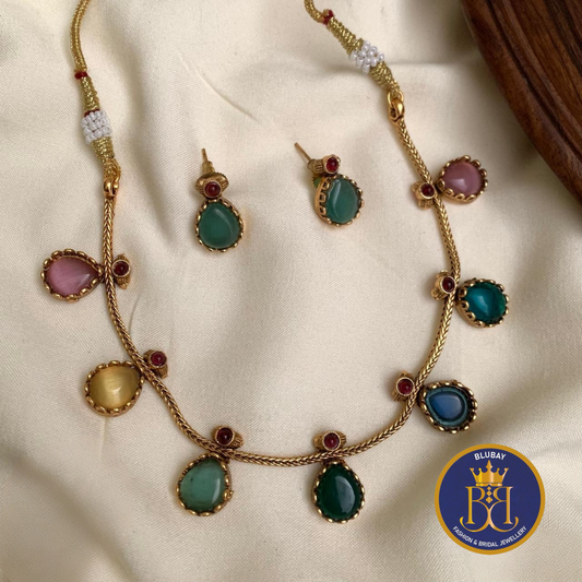 Statement Navaratna multicolored stones hanging chain Necklace set with studs earrings