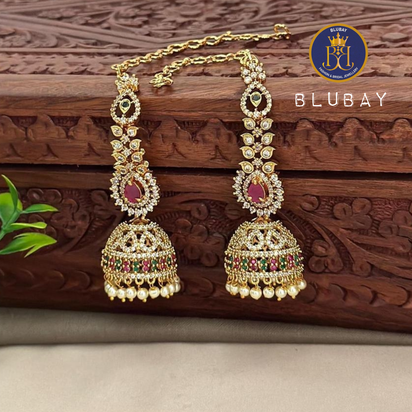 AD leafy Ruby premium Jhumkas with attached Side chain