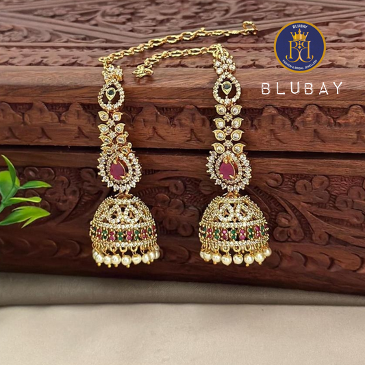 AD leafy Ruby premium Jhumkas with attached Side chain