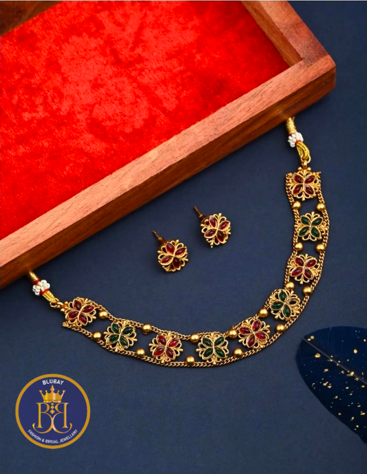 Floral butterfly kemp stones gold chain Choker Necklace set