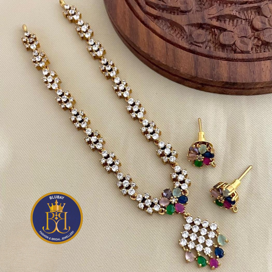 Navaratna colorful AD diamond look alike Necklace set with Studs earrings