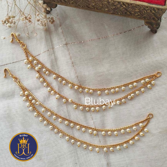 Premium double layered pearl gold microplated side earrings chain