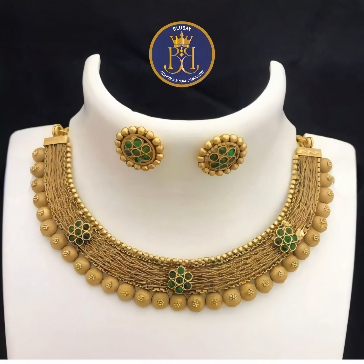 Premium designer golden green kemp stone studded ghungroo Necklace set with Studs