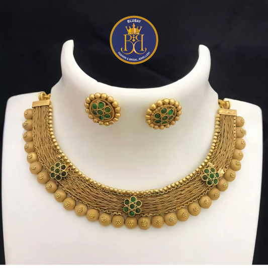 Premium designer golden green kemp stone studded ghungroo Necklace set with Studs
