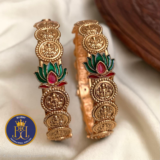 Green Lotus enamelled lakshmi coin Bangles set