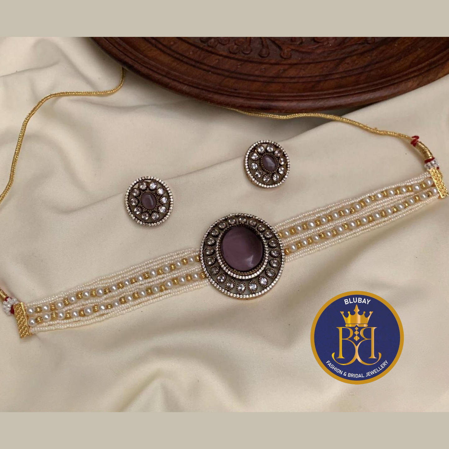 Amethyst stone AD doublet white bead layered victorian Choker set