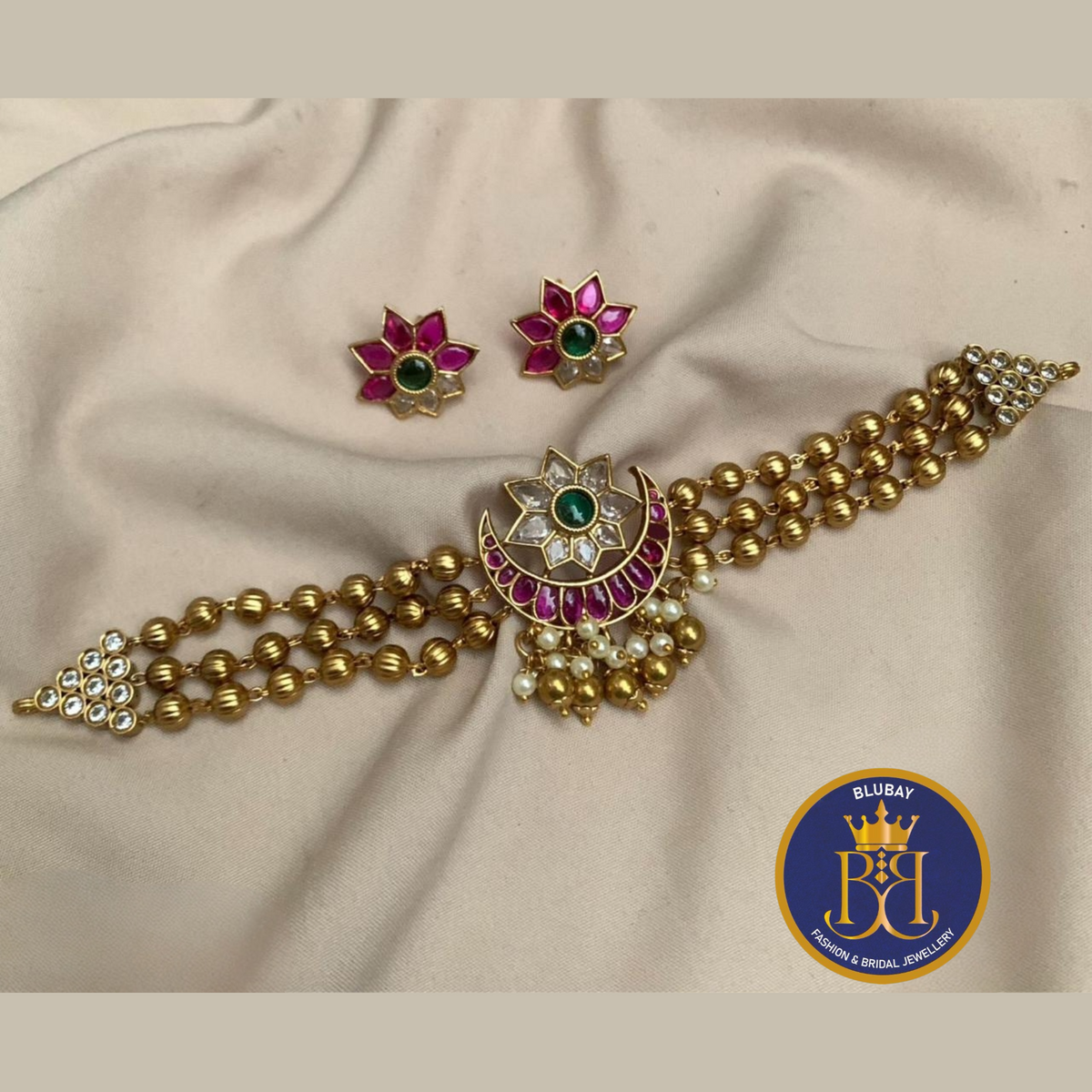 Half moon Chandrakala ruby white AD golden bead layered Choker Necklace set