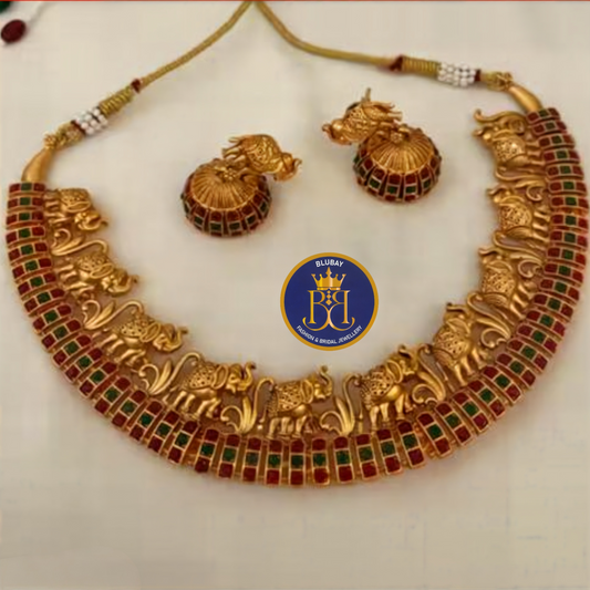Lined elephant golden antique kemp stone Necklace with Jhumkas set