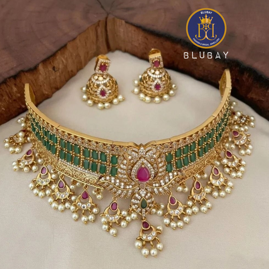 Thamarai blooming Lotus Diamond kundan pearl Bridal Choker set