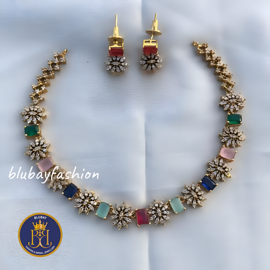 Beautiful premium Starry Navaratna American Diamond Necklace set