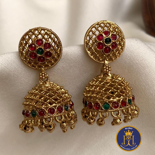 Traditional golden kerala jhumkis earrings with ghungroo and kemp stones