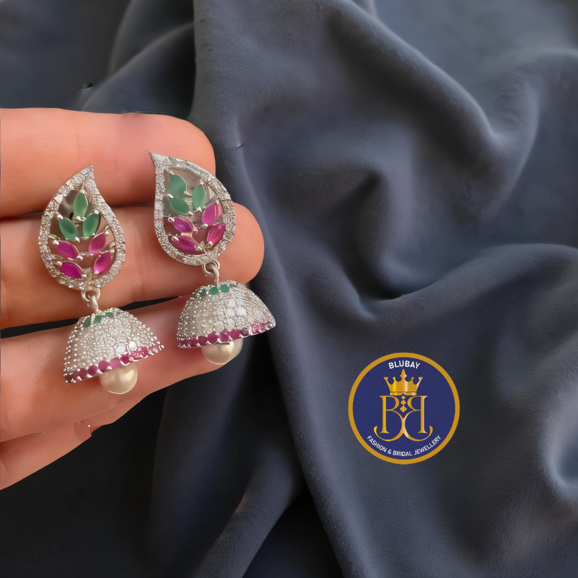 Pretty premium coloured AD silver white jhumka earrings