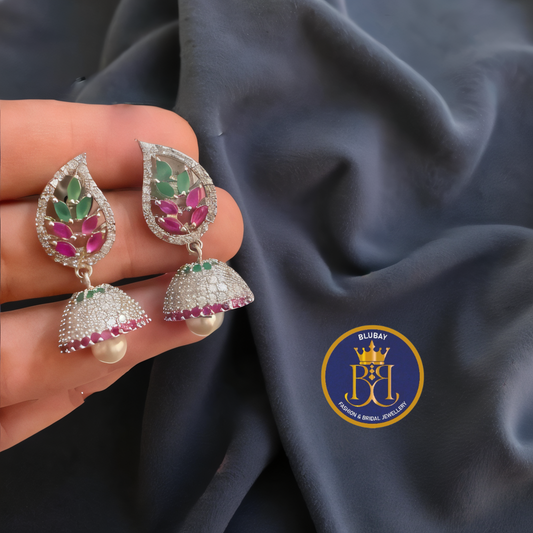 Pretty premium coloured AD silver white jhumka earrings