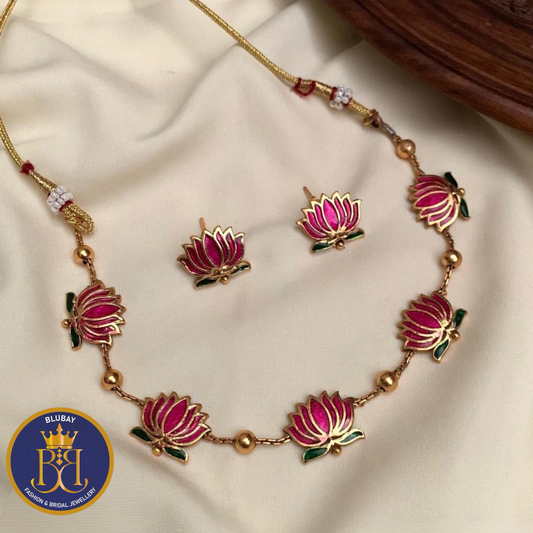 Manju pink lotus golden chain set with studs